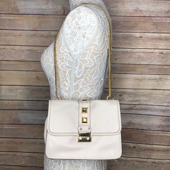 SAKS 5TH Ivory Bone Leather Gold Small Handbag - Picture 1 of 8